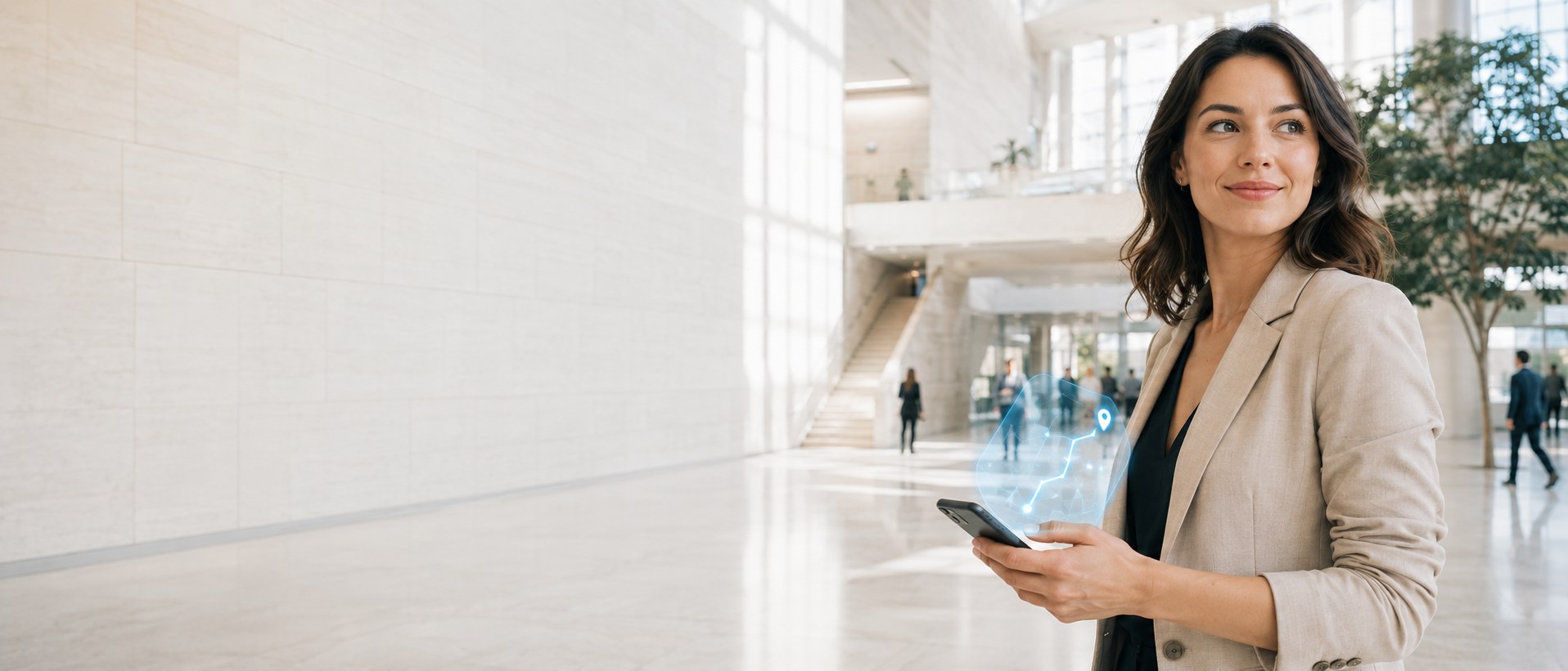 A visitor using a digital wayfinding service in a bright modern public building