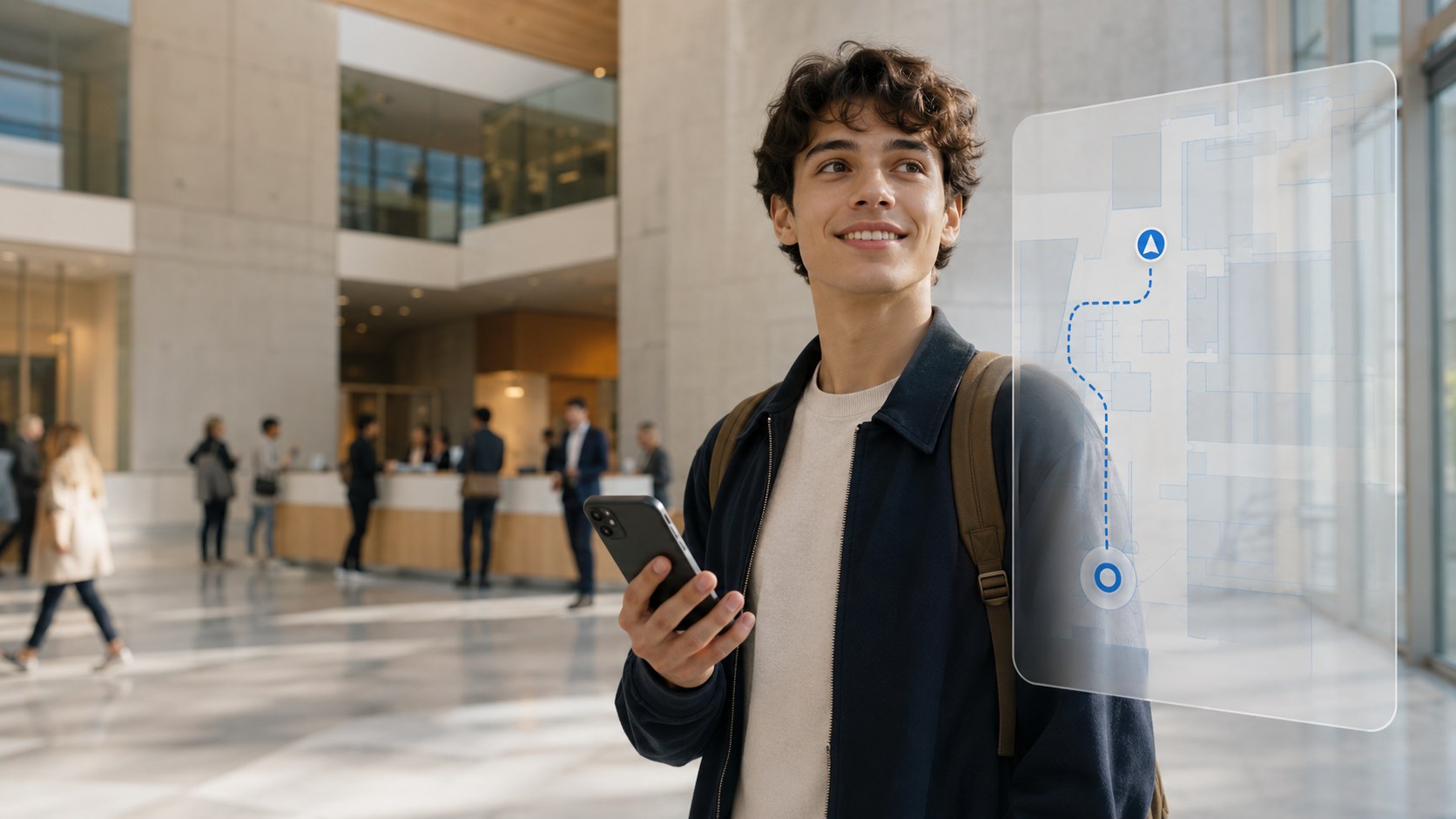 A young visitor using indoor navigation in a university or civic building