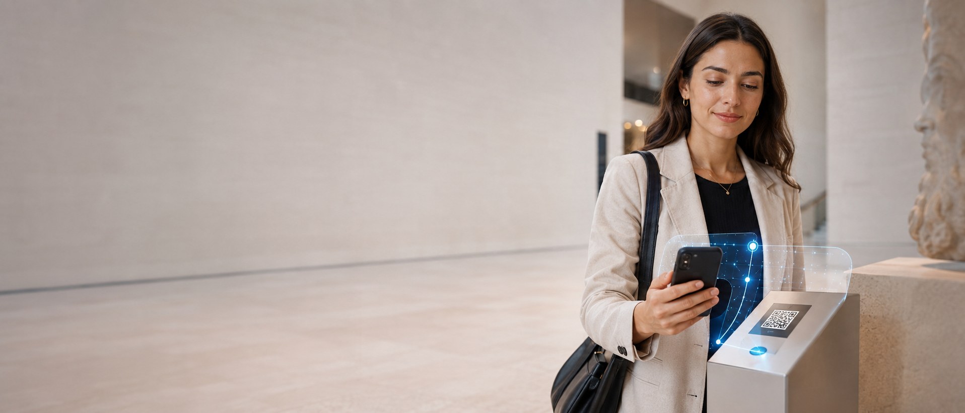 A museum visitor accessing digital exhibit information with a smartphone