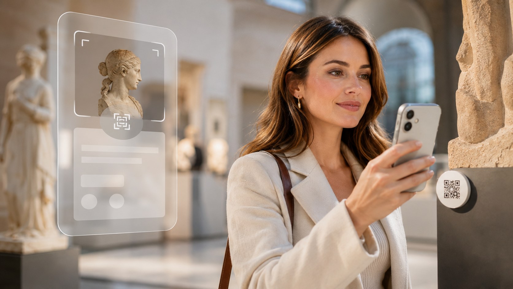 A gallery visitor using contactless technology to explore cultural content
