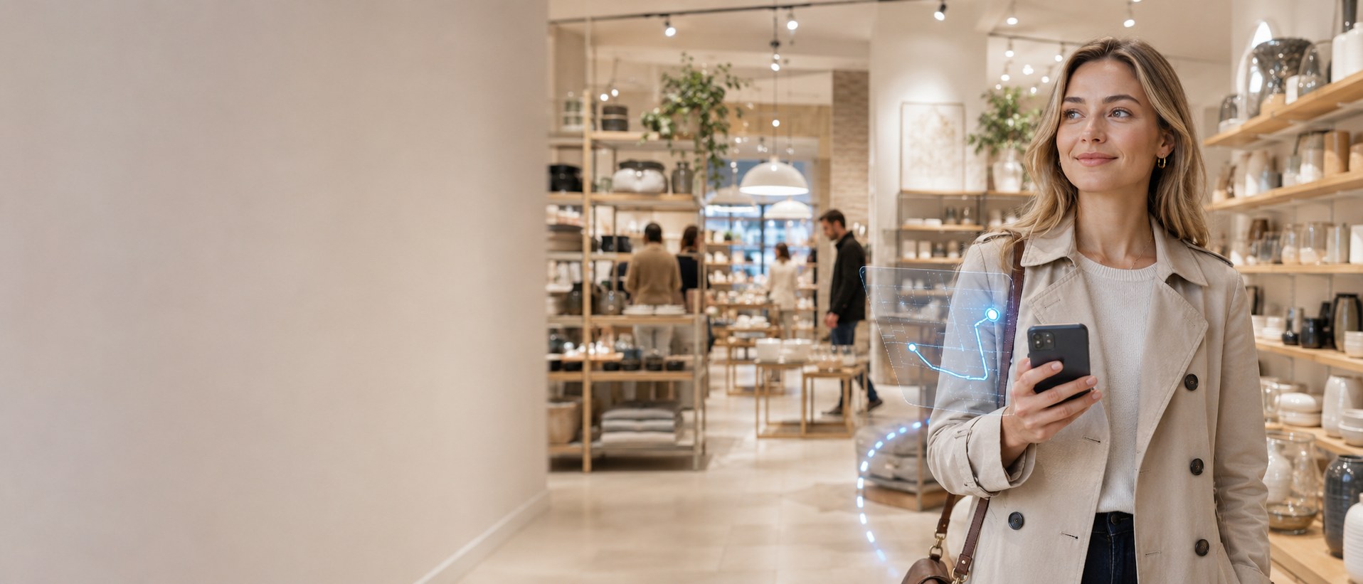 A shopper using mobile guidance in a contemporary home and lifestyle store
