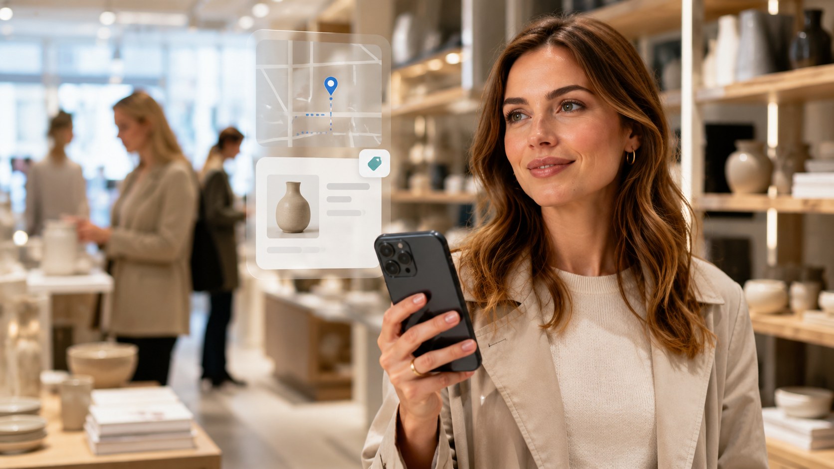 A shopper receiving contextual digital guidance in a modern retail space