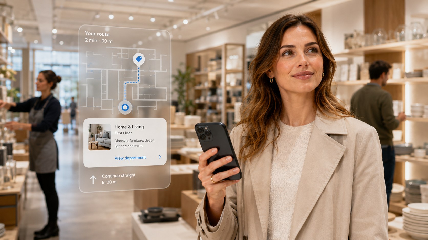 A shopper following a digital route through a home and lifestyle store