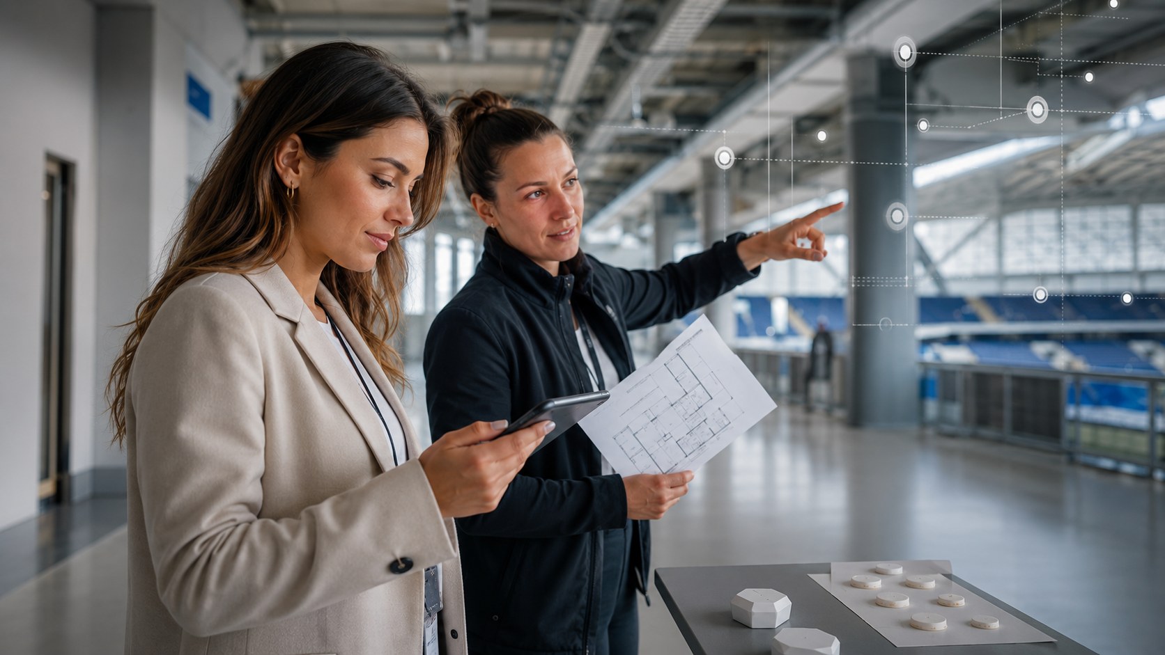 Technology specialists reviewing a floor plan during a venue site survey