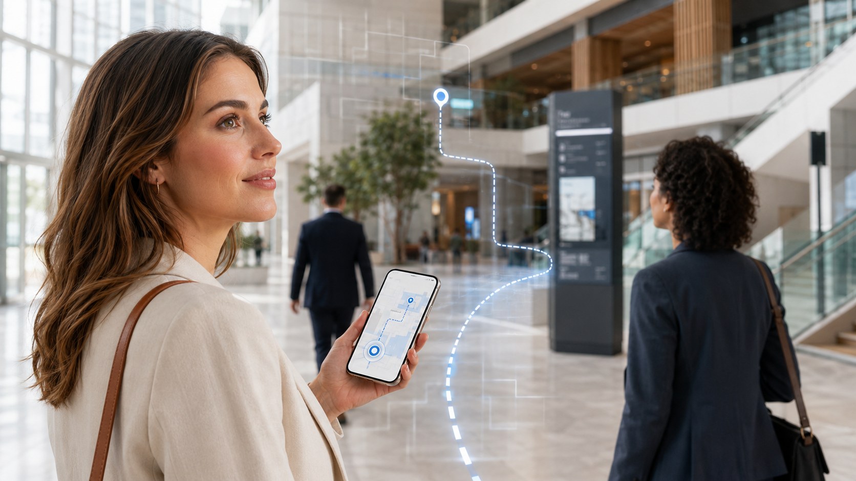 A visitor following a digital route through a spacious business atrium